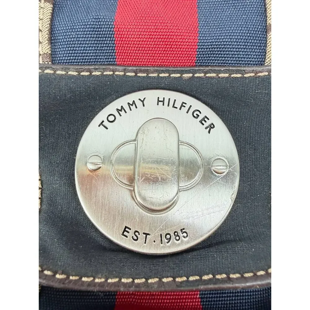 Tommy Hilfiger Monogram Wristlet Clutch Wallet Brown Canvas Red Blue Stripe